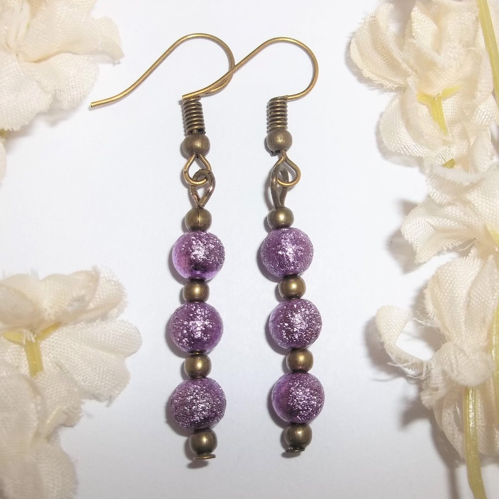 Boho Earring Purple Sparkle Bronze Drop Nwt 6377 20$